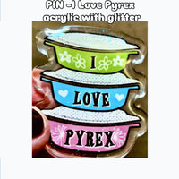 PINS - vintage Pyrex theme acrylic with glitter Bar pin on back. pick one or more