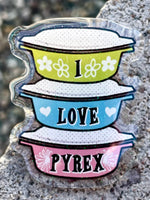 PINS - vintage Pyrex theme acrylic with glitter Bar pin on back. pick one or more