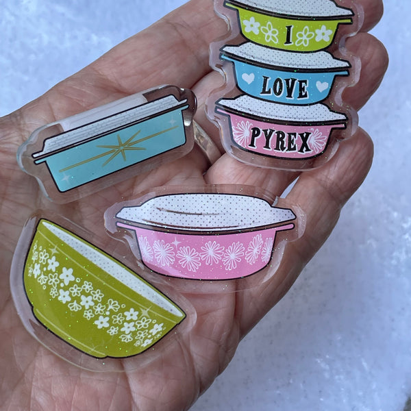 PINS - vintage Pyrex theme acrylic with glitter Bar pin on back. pick one or more