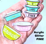 PINS - vintage Pyrex theme acrylic with glitter Bar pin on back. pick one or more