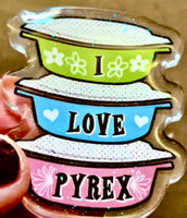 PINS - vintage Pyrex theme acrylic with glitter Bar pin on back. pick one or more