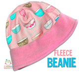 FLEECE BEANIE Pyrex Bowls theme hat vintage kitchen bowls print pink cap adult size