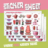 Sticker Sheet PINK vintage kitchen things 6” x 4" scrapbooking journaling 20 mini stickers