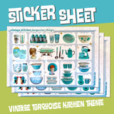 Sticker Sheet Turquoise vintage kitchen things 6” x 4”&nbsp; 20 mini stickers