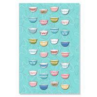 TEA TOWEL Pyrex BOWLS COLLECTION vintage Kitchen theme turquoise boomerangs formica background