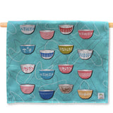 TEA TOWEL Pyrex BOWLS COLLECTION vintage Kitchen theme turquoise boomerangs formica background