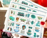 Sticker Sheet Turquoise vintage kitchen things 6” x 4”&nbsp; 20 mini stickers