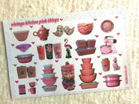 Sticker Sheet PINK vintage kitchen things 6” x 4" scrapbooking journaling 20 mini stickers