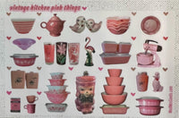 Sticker Sheet PINK vintage kitchen things 6” x 4" scrapbooking journaling 20 mini stickers