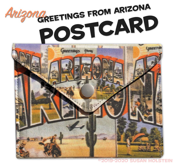 Snap pouch Arizona Vintage Postcard theme my bespoke fabric featuring a fun old postcard