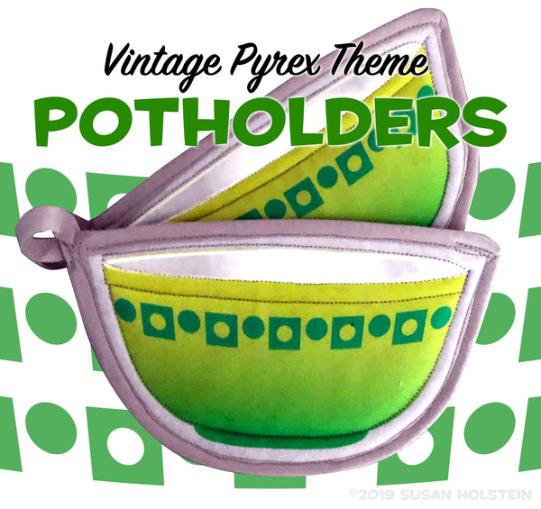 Pyrex Green Dots Squares Bowl Potholders Bowl Shaped Pot Holders Set of 2 salad bowl
