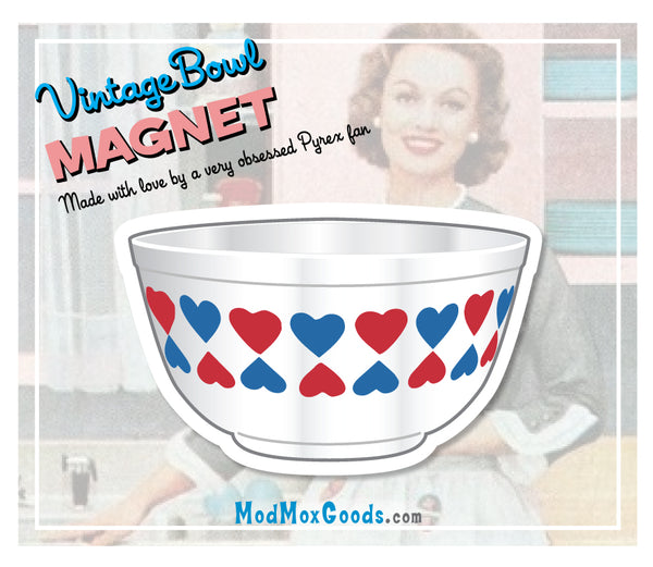 MAGNET Pyrex Red & Blue HEARTS Bowl 2.5in wide FAN FICTION