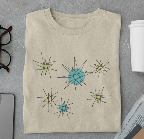 Franciscan Starburst pattern graphic tee shirt on Sand coloe tee
