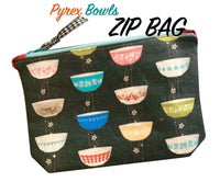 Pyrex bowls collection makeup bag grey 8 x 5 lined zipper pouch featuring pyrex mixing bowls