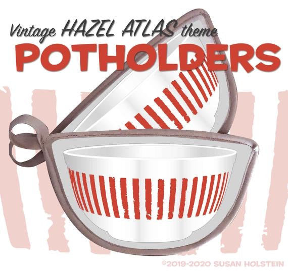 Hazel Atlas Red Stripes Bowl shape 2 Potholders pot holders vintage bowl shape